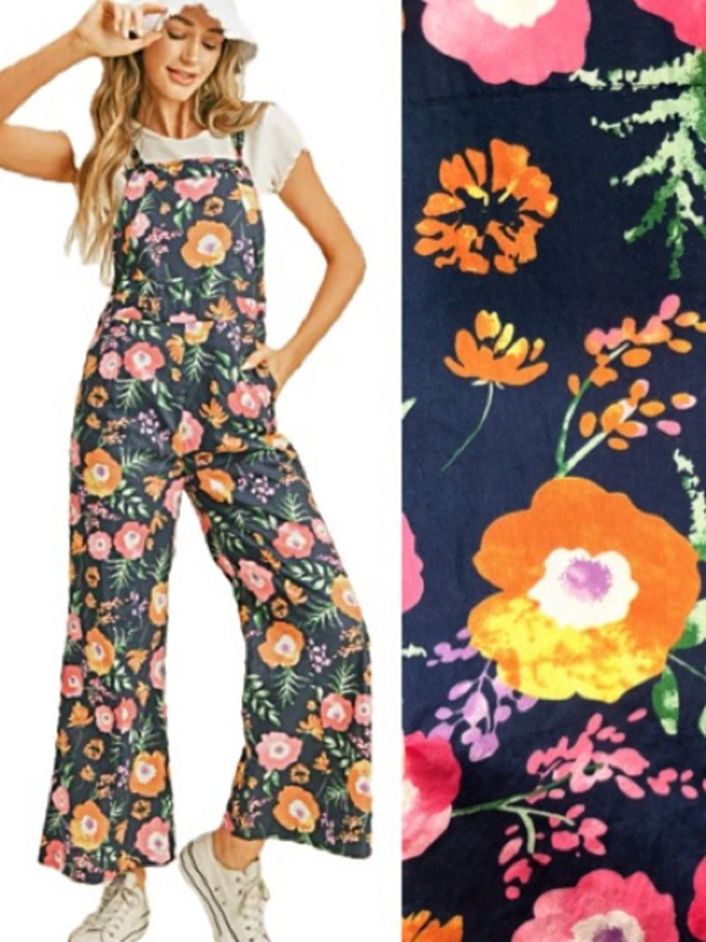 &Merci Gina Navy Floral Flower Print Overalls SIze Small Flare Wide Leg Jumpsuit